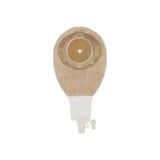 Drainable beige ostomy pouch with circular flange and closure clip on white background.