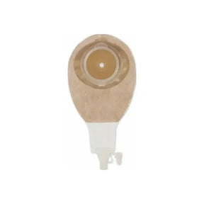 Drainable beige ostomy pouch with circular flange and closure clip on white background.
