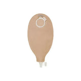 One-piece beige ostomy pouch with closure, medical stoma bag on white background.