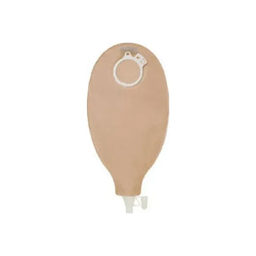 One-piece beige ostomy pouch with closure, medical stoma bag on white background.