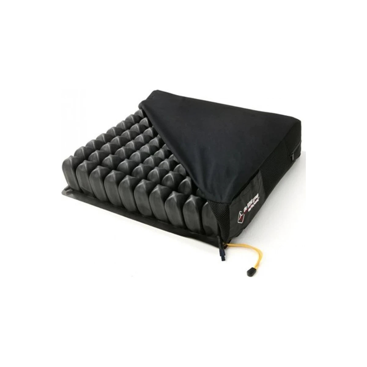 Air-filled wheelchair cushion with black cover, designed for pressure relief support.