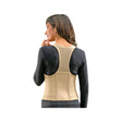 Woman wearing beige medical back support brace over black shirt, viewed from behind