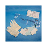 Sterile catheter insertion kit with gloves, catheter bag, wipes and medical supplies on blue background