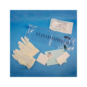 Sterile catheter insertion kit with gloves, catheter bag, wipes and medical supplies on blue background
