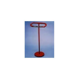 Red medical instrument stand with circular base on a blue background