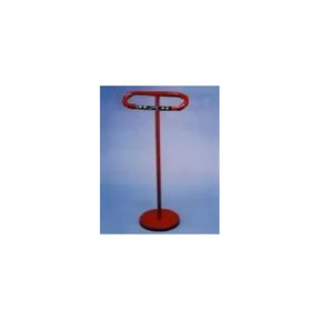 Red medical instrument stand with circular base on a blue background