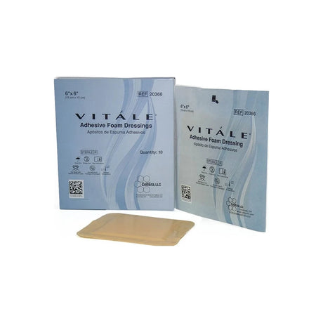 Vitale adhesive foam dressings box, single sterile wound dressing pad in front