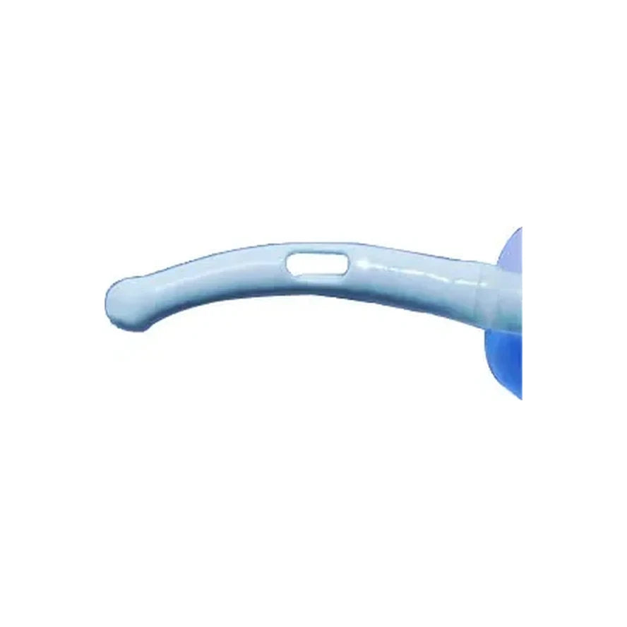 Curved sterile catheter tip with drainage eyelet, medical supplies close-up