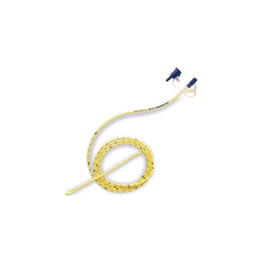 Yellow medical feeding tube with blue connectors on a white background