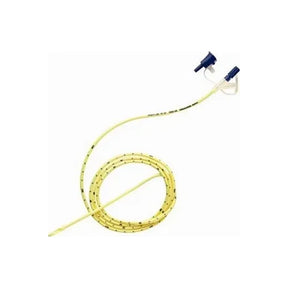 Yellow medical feeding tube with blue connectors for home healthcare supply