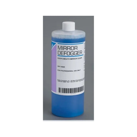 Dental mirror defogger solution bottle for professional use on gray background