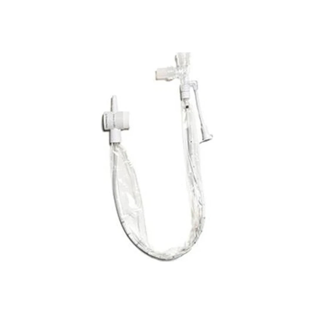 Clear medical suction catheter with protective sleeve and connectors on white background