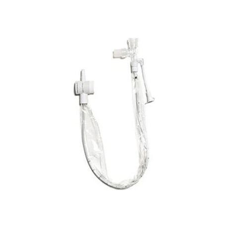 Clear medical suction catheter with protective sleeve and connectors on white background