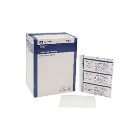 Sterile medical gauze pads in packaging and individual pouches on white background