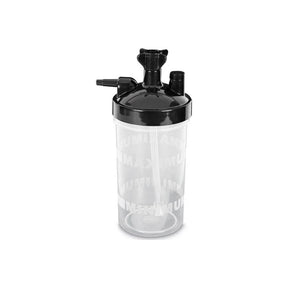 Oxygen bubble humidifier bottle for home medical oxygen therapy, clear plastic with black lid