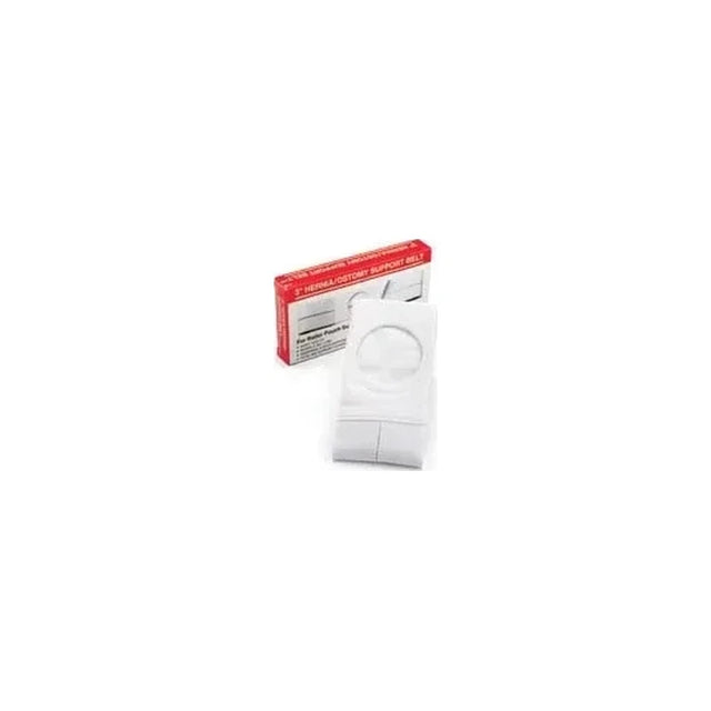 Hernia support belt with circular opening and product box for ostomy care
