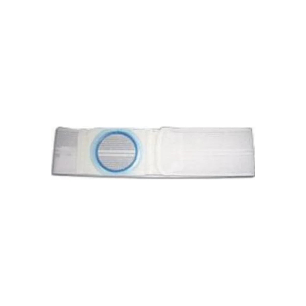White ostomy support belt with round blue reinforced opening, medical supply.