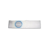 White ostomy support belt with round blue reinforced opening, medical supply.