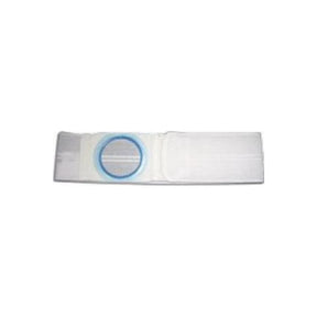 White ostomy support belt with round blue reinforced opening, medical supply.