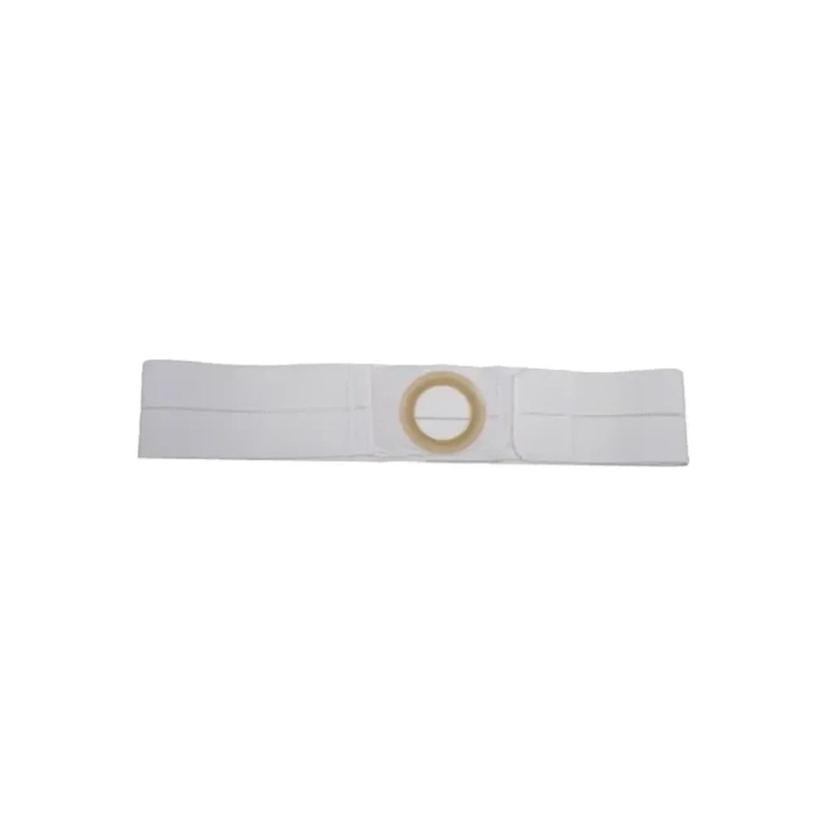 Adjustable white ostomy belt with round support opening for medical use