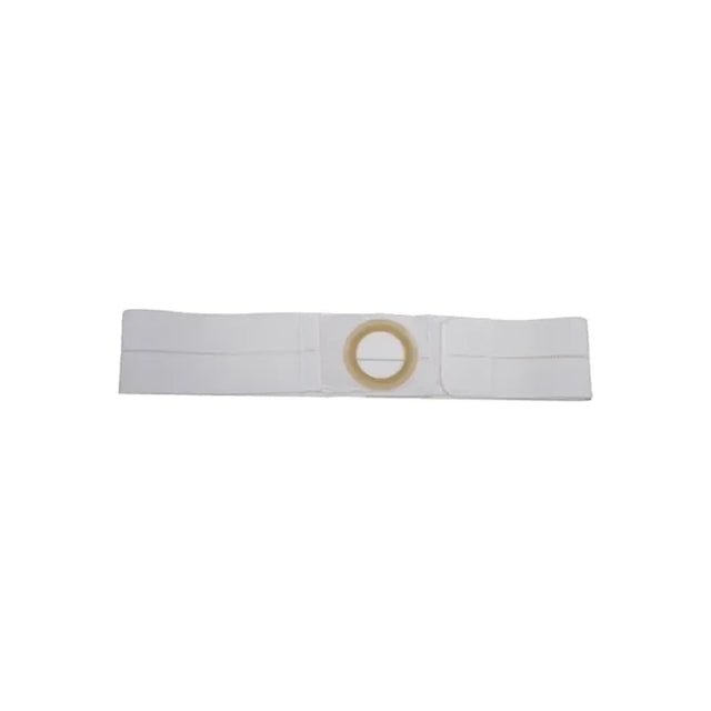 Adjustable white ostomy belt with round support opening for medical use