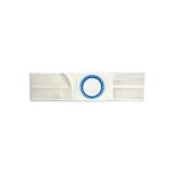 Ostomy support belt with circular blue opening, white elastic material, medical supply