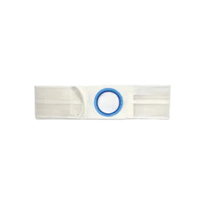Ostomy support belt with circular blue opening, white elastic material, medical supply