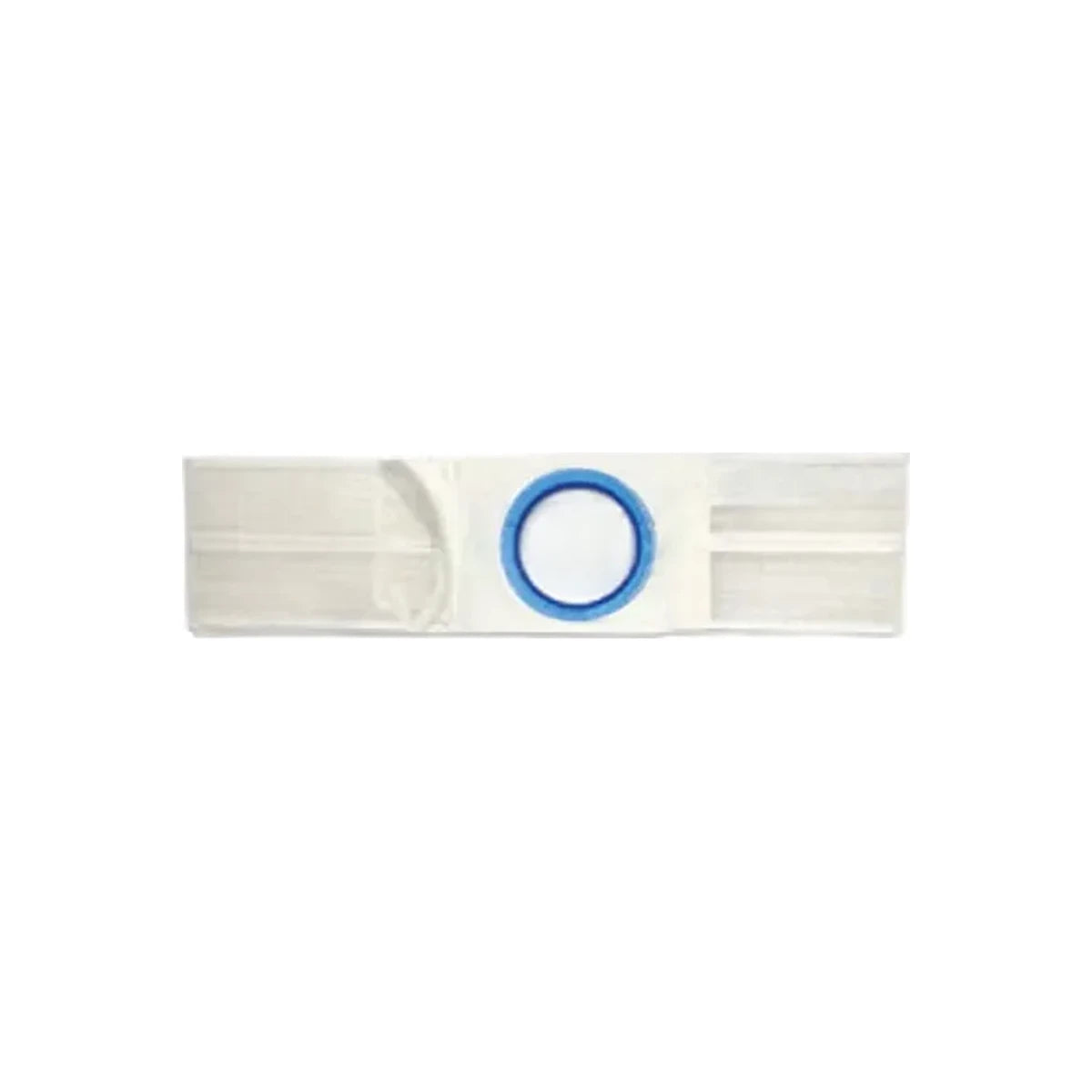 Medical ostomy belt with circular blue ring for stoma support, white background