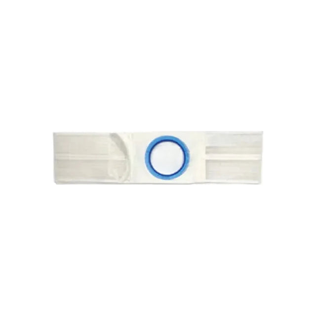 Medical ostomy belt with circular blue ring for stoma support, white background