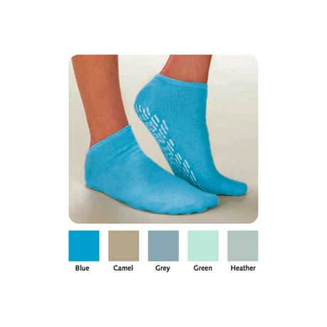 Blue non-slip grip socks for adults, available in multiple colors, shown on feet