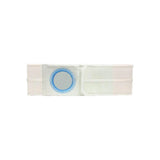 White ostomy support belt with blue plastic ring and adjustable closure, medical supply