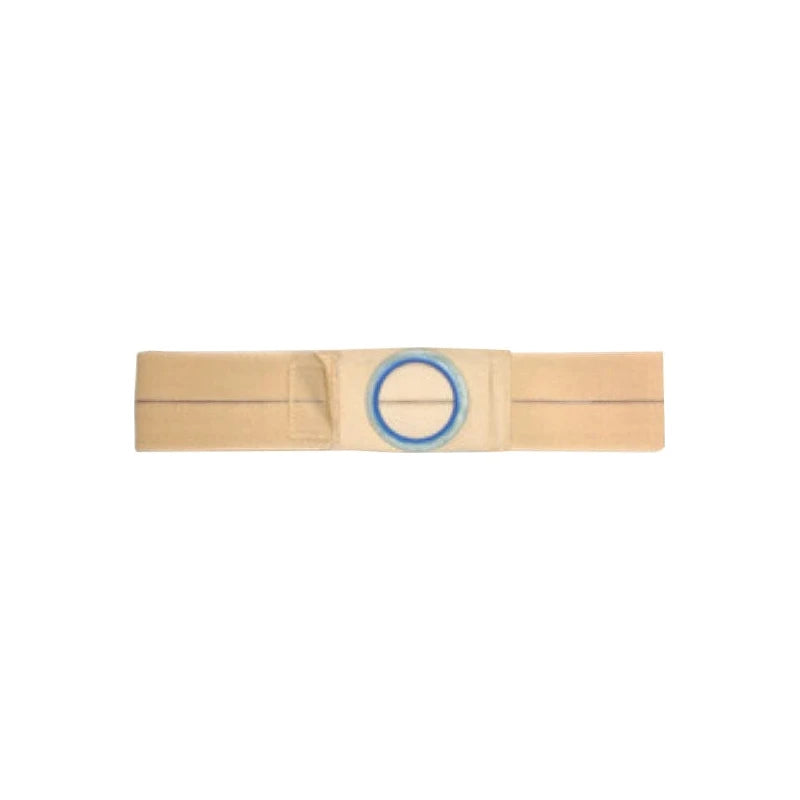 Beige medical support belt with blue circular opening, flat lay on white background