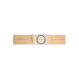 Beige medical support belt with blue circular opening, flat lay on white background