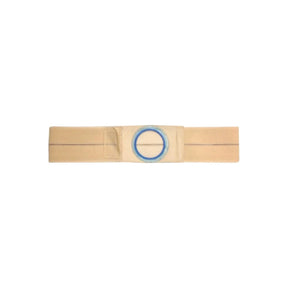 Beige medical support belt with blue circular opening, flat lay on white background