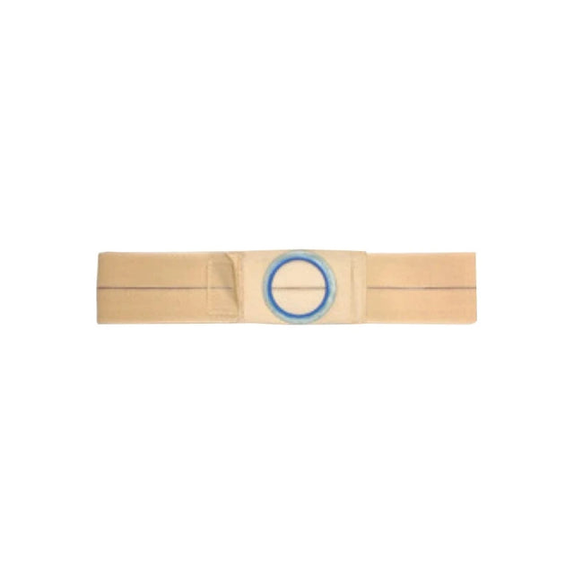 Beige medical support belt with blue circular opening, flat lay on white background