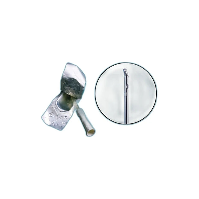 Sterile hydrophilic urinary catheter with close-up of curved tip, medical supplies