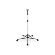 Adjustable medical IV pole with wheels, black and white, on plain background