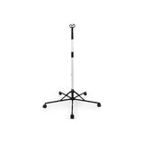 Adjustable medical IV pole with wheels, black and white, on plain background