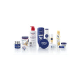 Assorted skincare and body care products including creams, lotions, and lip balm on white background.