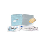 Sterile medical catheter kit with gloves, absorbent pads, and collection bag on white background