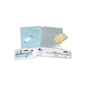 Sterile medical catheter kit with gloves, absorbent pads, and collection bag on white background