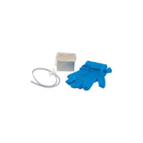 Medical suction catheter kit with blue gloves, suction tube, and collection tray on white background.