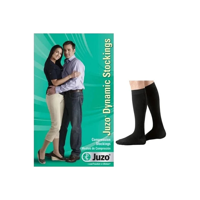 Juzo Dynamic black knee-high compression stockings packaging with product and couple image