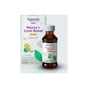Hyland's Naturals Baby Mucus + Cold Relief syrup bottle and box for infants, 6+ months