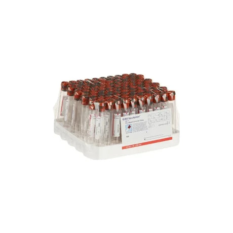 Pack of BD Vacutainer blood collection tubes with red caps, medical supply