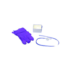 Medical supply kit with purple gloves, gauze, and a medical tube on white background