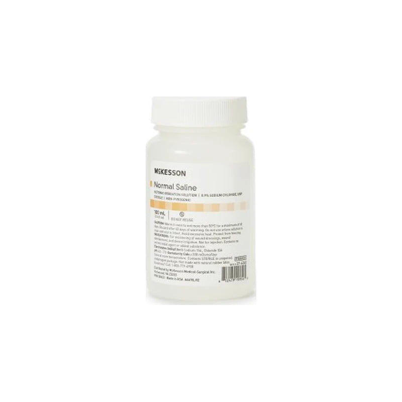 McKesson normal saline solution 100 mL bottle, sterile medical supply for home use