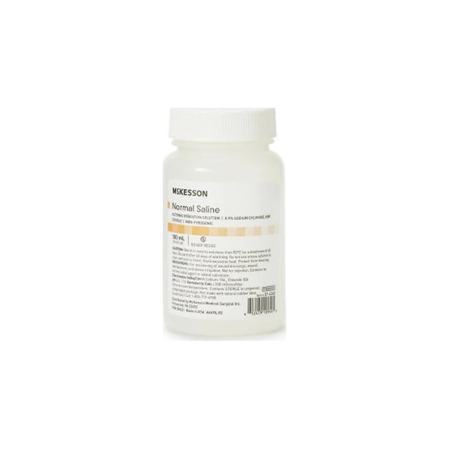 McKesson normal saline solution 100 mL bottle, sterile medical supply for home use