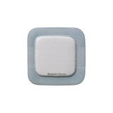 Biatain silicone square wound dressing with adhesive border on white background