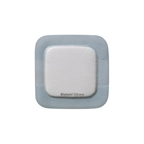 Biatain silicone square wound dressing with adhesive border on white background